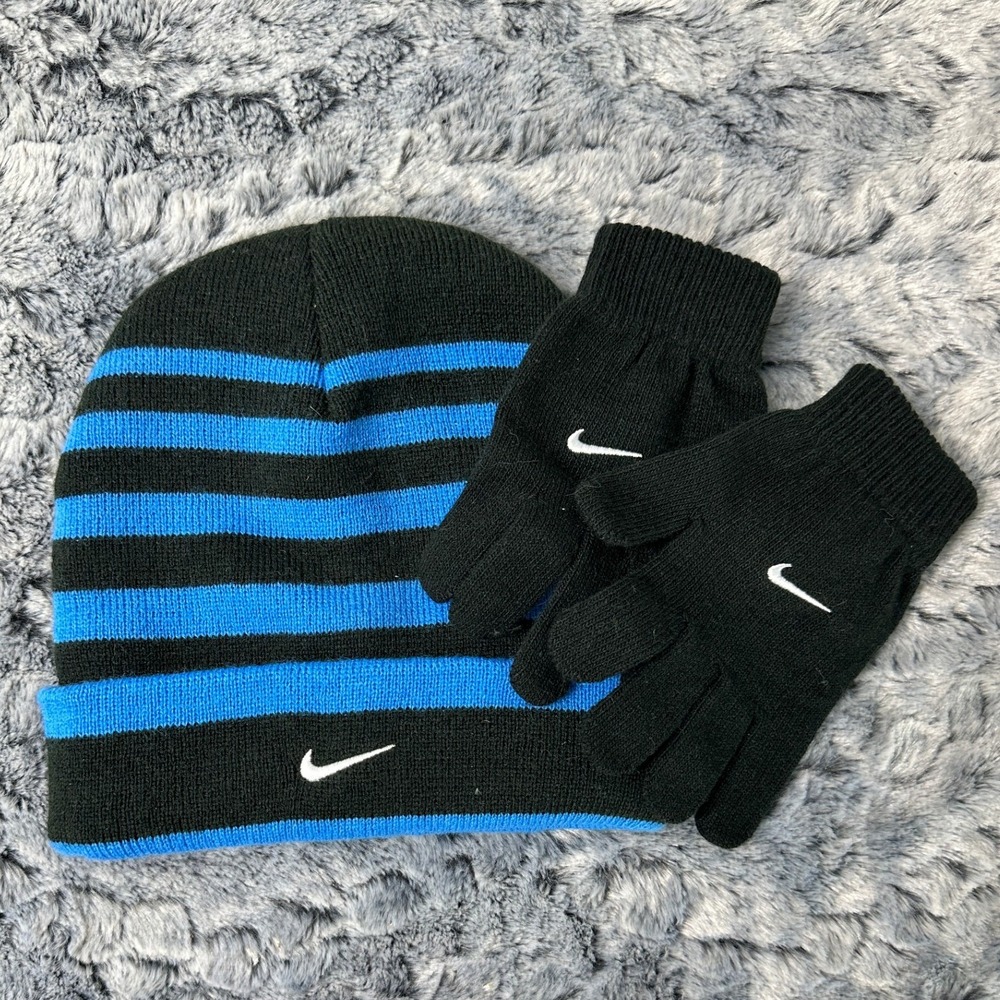 Nike Beanie and Gloves Set Black Blue Striped Knit / Youth One Size